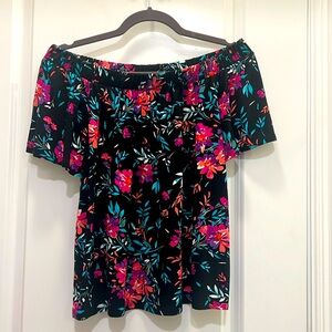 Off the shoulder black pink‎ and turquoise flowy floral top